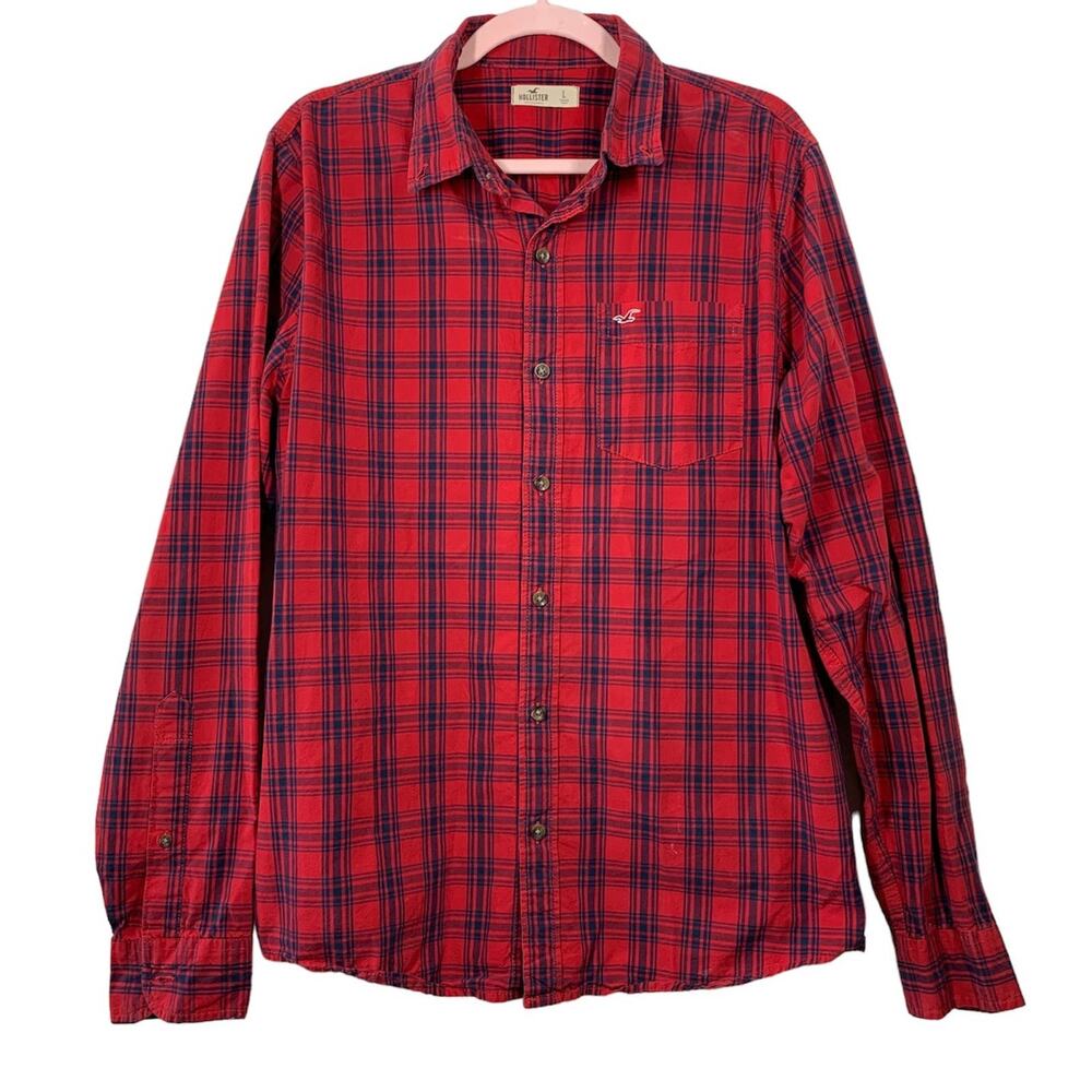 HOLLISTER Men's Red Blue Plaid Button Down Long Sleeve Shirt Large